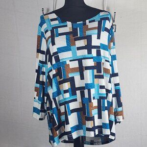 JM Collection Teal Peacock Brown Black Abstract Jacquard 3/4 Sleeve Poly Span 3X